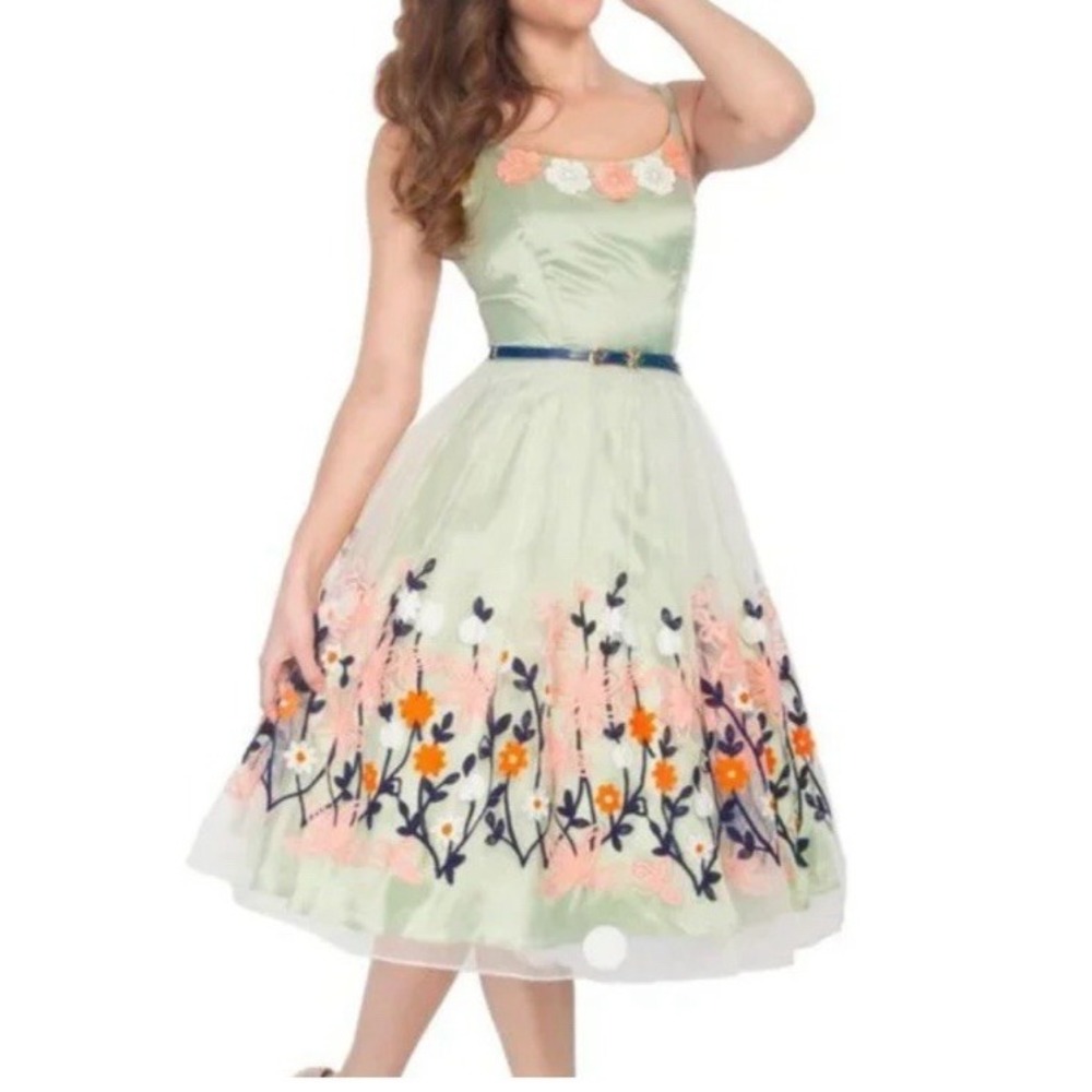 Tatyana Mod Cloth Retro Floral Dress Pinup Skater 4XL Plus Green Embroidered‎
